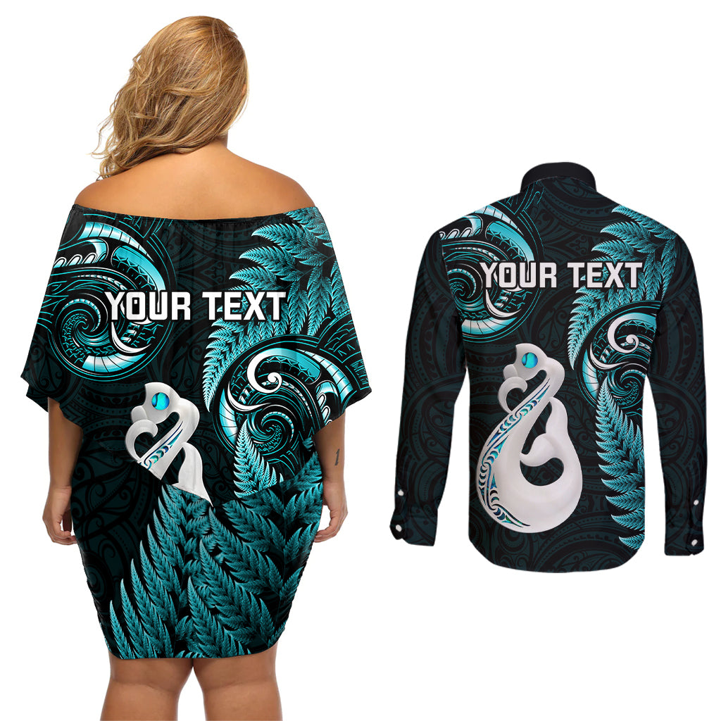 Personalised New Zealand Couples Off Shoulder Short Dress and Long Sleeve Button Shirts Aotearoa Silver Fern With Manaia Maori Unique Turquoise LT14