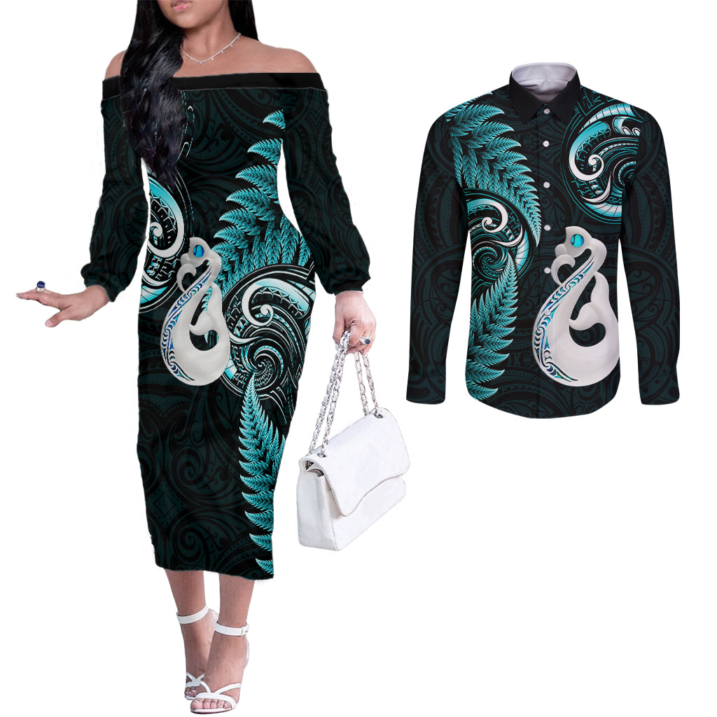 personalised-new-zealand-couples-off-the-shoulder-long-sleeve-dress-and-long-sleeve-button-shirts-aotearoa-silver-fern-with-manaia-maori-unique-turquoise