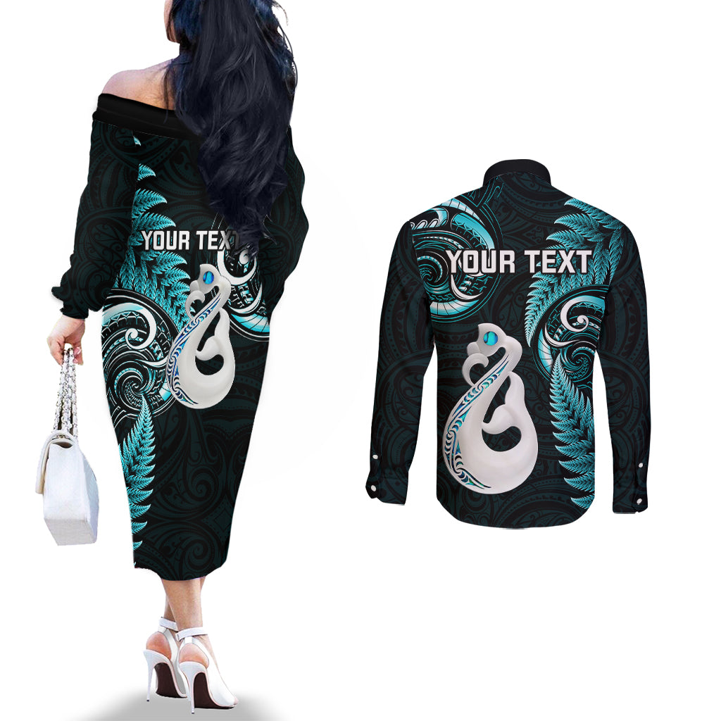 personalised-new-zealand-couples-off-the-shoulder-long-sleeve-dress-and-long-sleeve-button-shirts-aotearoa-silver-fern-with-manaia-maori-unique-turquoise