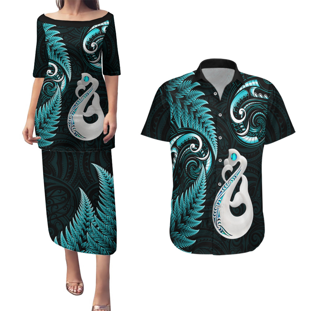 personalised-new-zealand-couples-puletasi-dress-and-hawaiian-shirt-aotearoa-silver-fern-with-manaia-maori-unique-turquoise