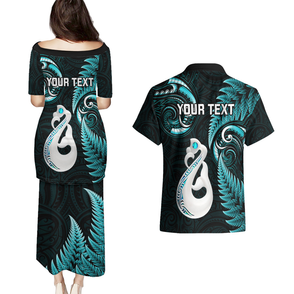 personalised-new-zealand-couples-puletasi-dress-and-hawaiian-shirt-aotearoa-silver-fern-with-manaia-maori-unique-turquoise