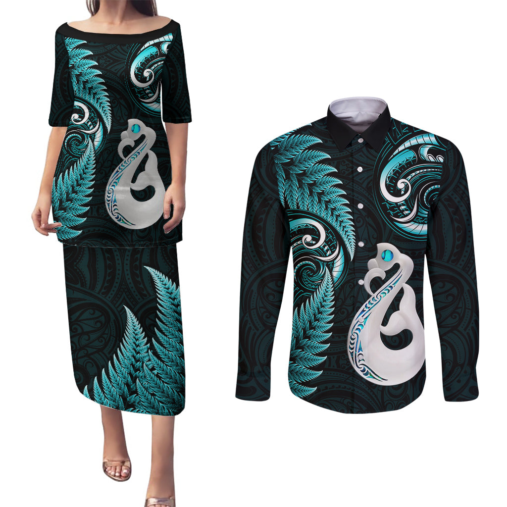 personalised-new-zealand-couples-puletasi-dress-and-long-sleeve-button-shirts-aotearoa-silver-fern-with-manaia-maori-unique-turquoise