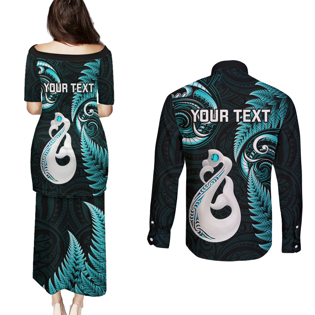 personalised-new-zealand-couples-puletasi-dress-and-long-sleeve-button-shirts-aotearoa-silver-fern-with-manaia-maori-unique-turquoise