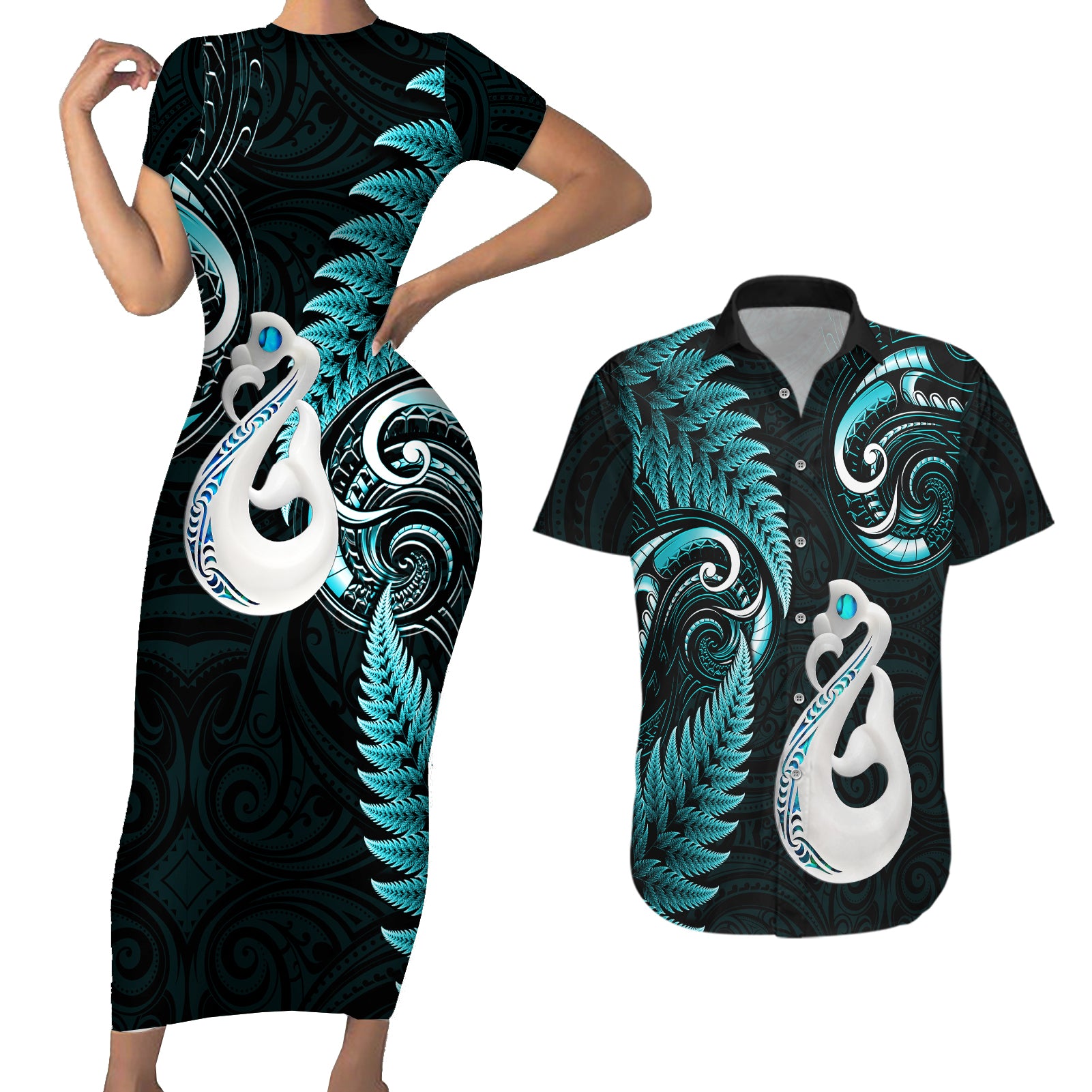 personalised-new-zealand-couples-short-sleeve-bodycon-dress-and-hawaiian-shirt-aotearoa-silver-fern-with-manaia-maori-unique-turquoise