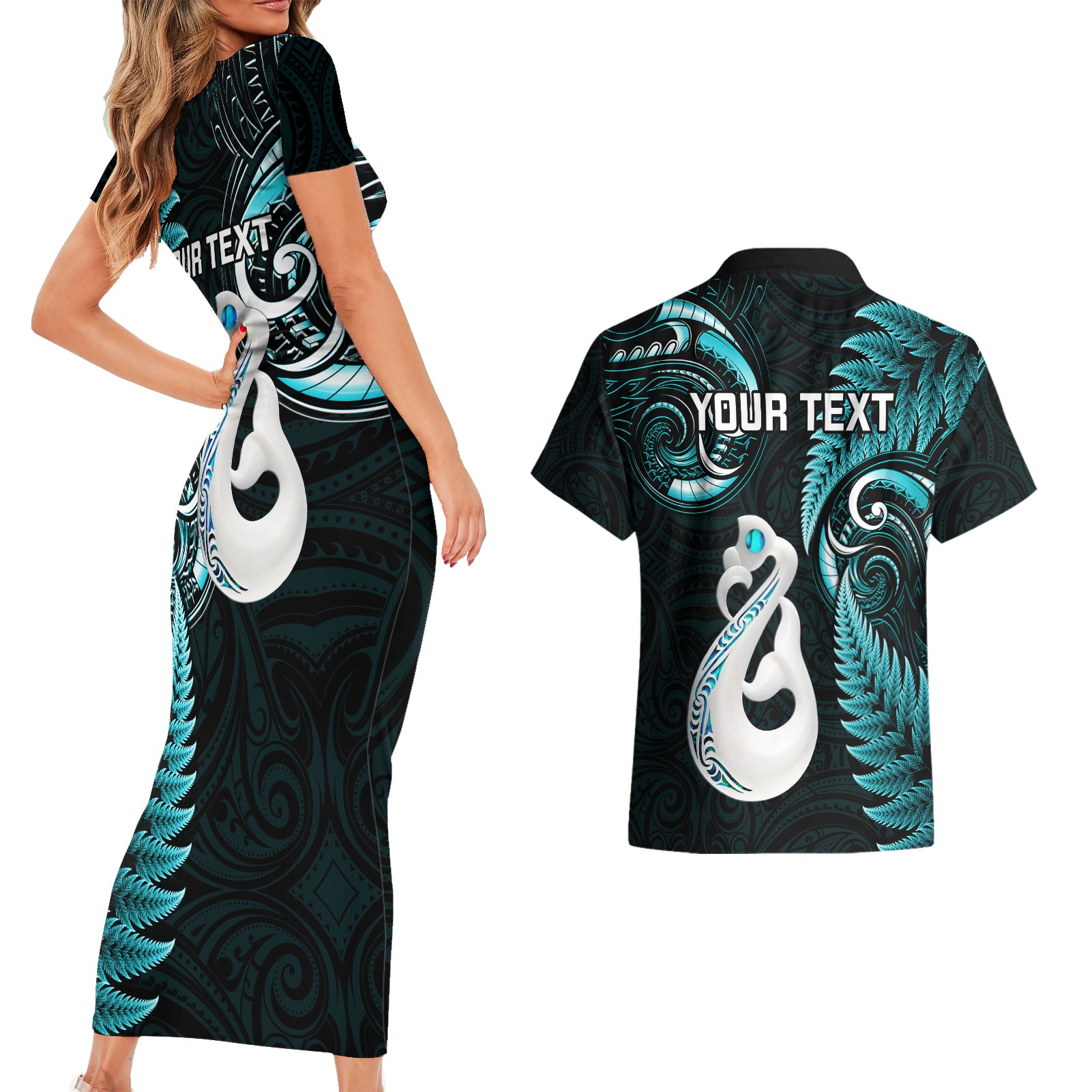 personalised-new-zealand-couples-short-sleeve-bodycon-dress-and-hawaiian-shirt-aotearoa-silver-fern-with-manaia-maori-unique-turquoise