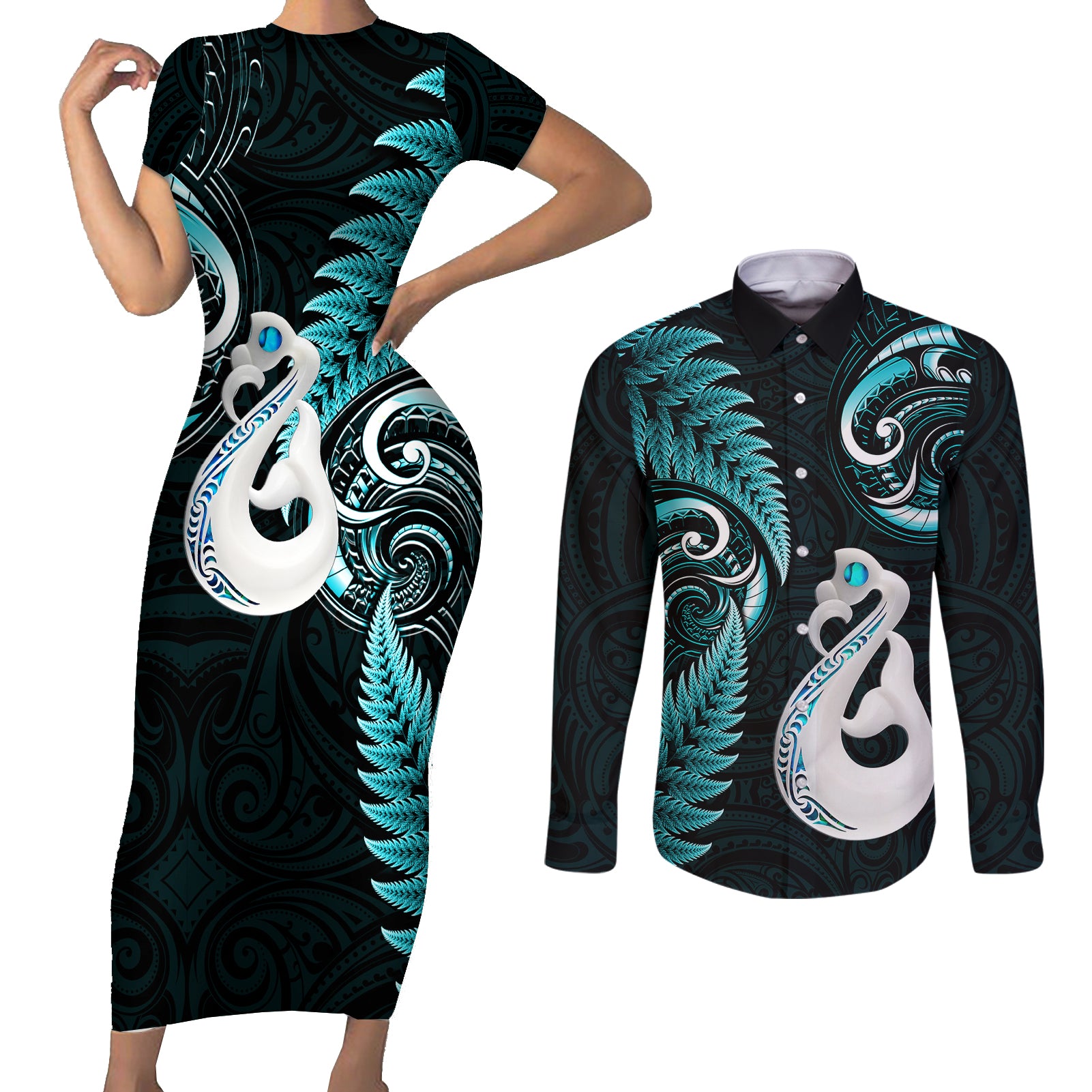 personalised-new-zealand-couples-short-sleeve-bodycon-dress-and-long-sleeve-button-shirts-aotearoa-silver-fern-with-manaia-maori-unique-turquoise