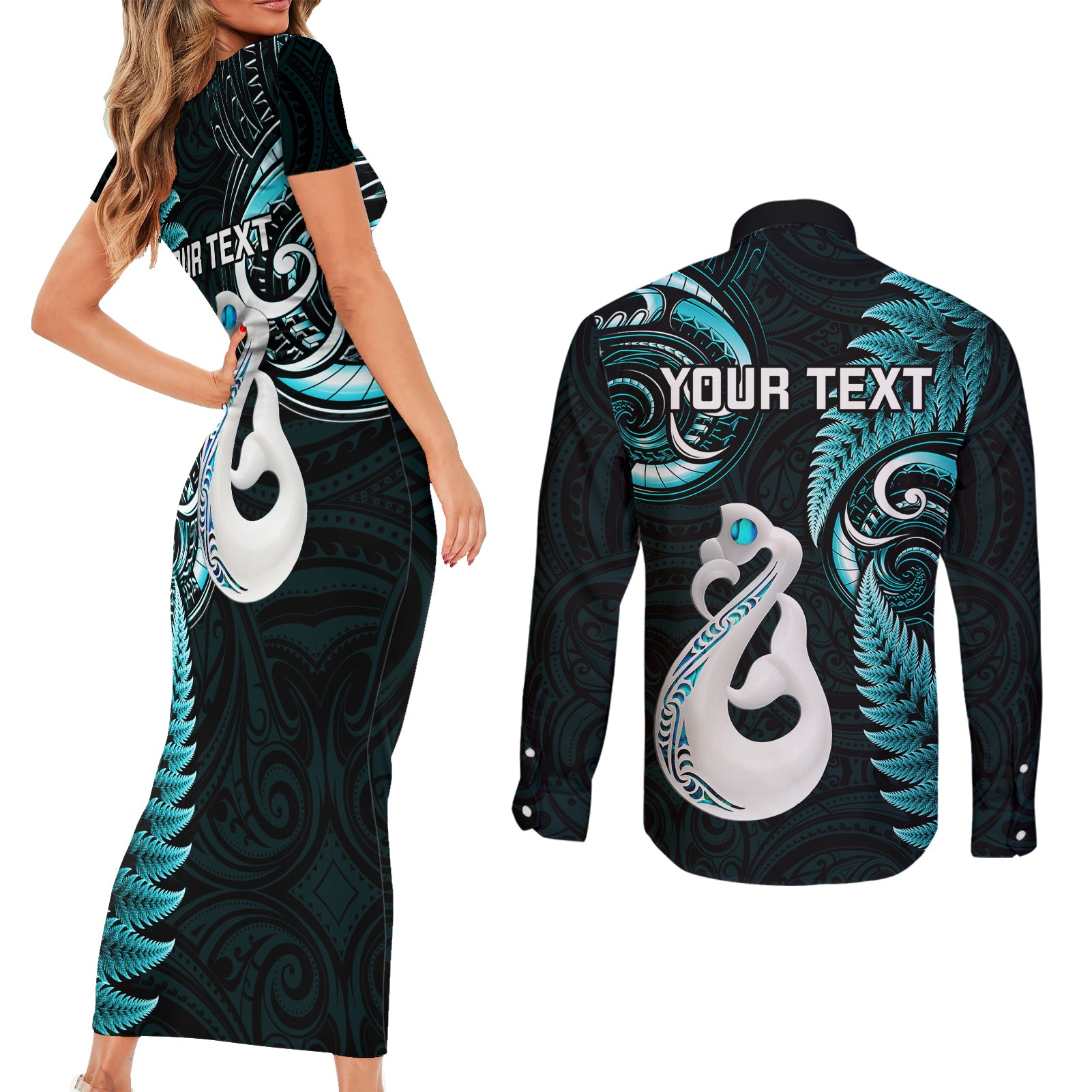 personalised-new-zealand-couples-short-sleeve-bodycon-dress-and-long-sleeve-button-shirts-aotearoa-silver-fern-with-manaia-maori-unique-turquoise