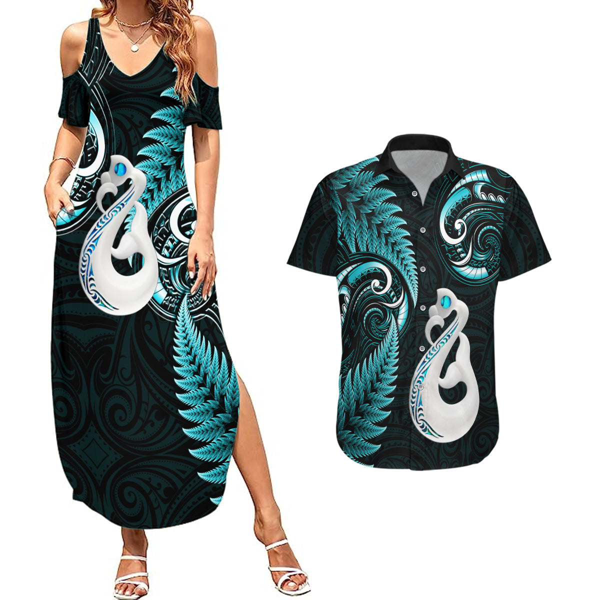 personalised-new-zealand-couples-summer-maxi-dress-and-hawaiian-shirt-aotearoa-silver-fern-with-manaia-maori-unique-turquoise