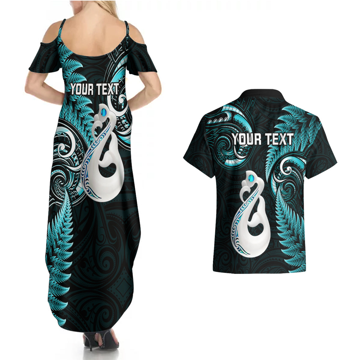 personalised-new-zealand-couples-summer-maxi-dress-and-hawaiian-shirt-aotearoa-silver-fern-with-manaia-maori-unique-turquoise