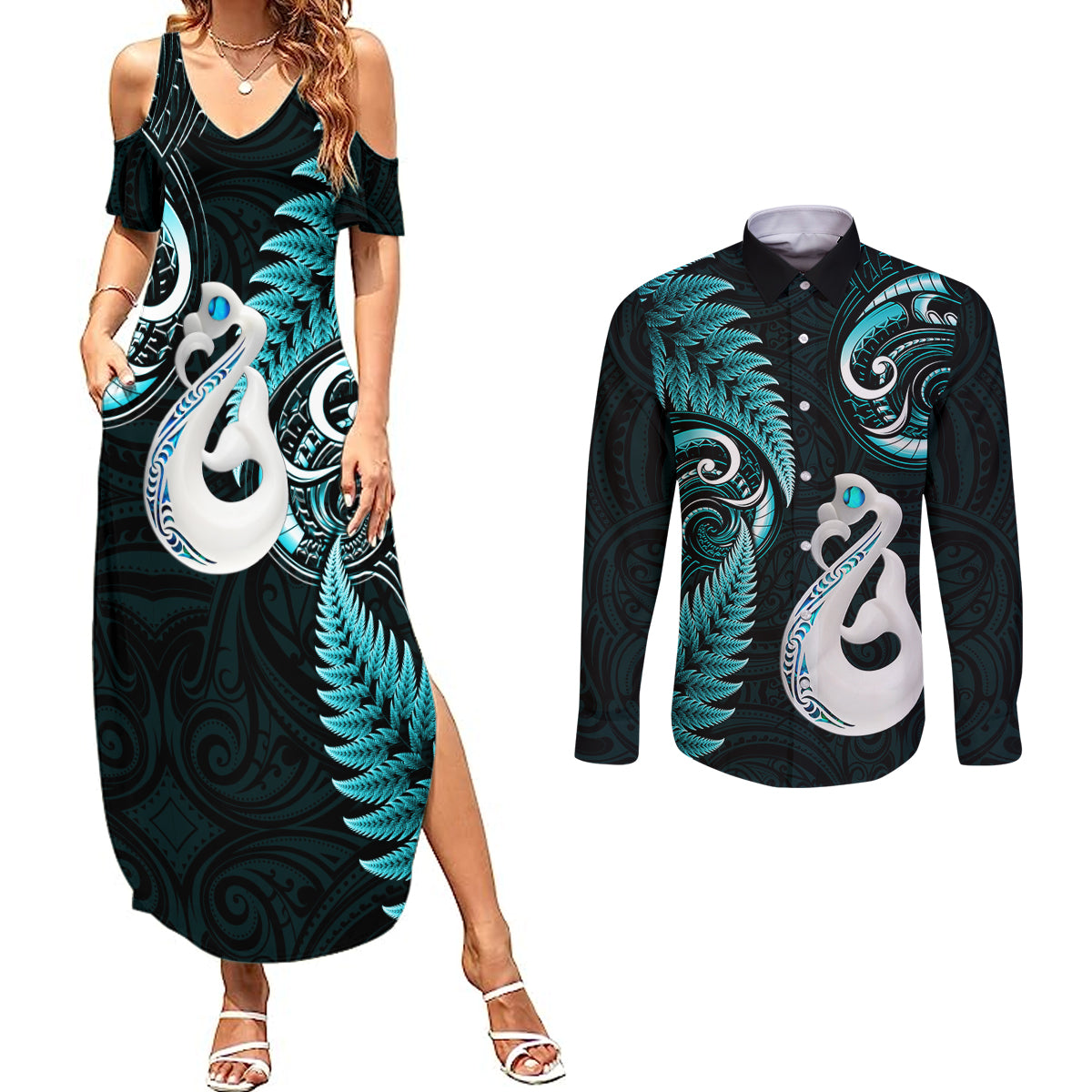 personalised-new-zealand-couples-summer-maxi-dress-and-long-sleeve-button-shirts-aotearoa-silver-fern-with-manaia-maori-unique-turquoise