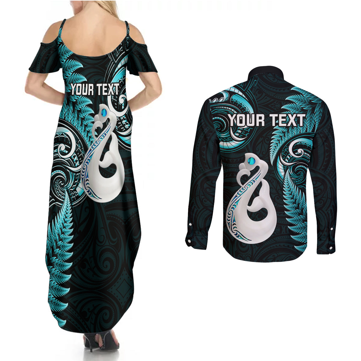 personalised-new-zealand-couples-summer-maxi-dress-and-long-sleeve-button-shirts-aotearoa-silver-fern-with-manaia-maori-unique-turquoise