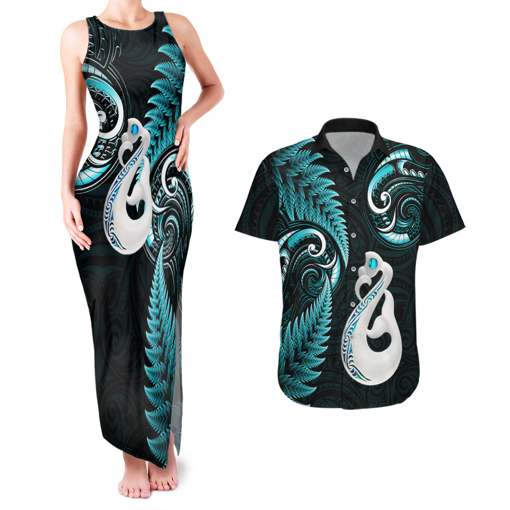 personalised-new-zealand-couples-matching-tank-maxi-dress-and-hawaiian-shirt-aotearoa-silver-fern-with-manaia-maori-unique-turquoise