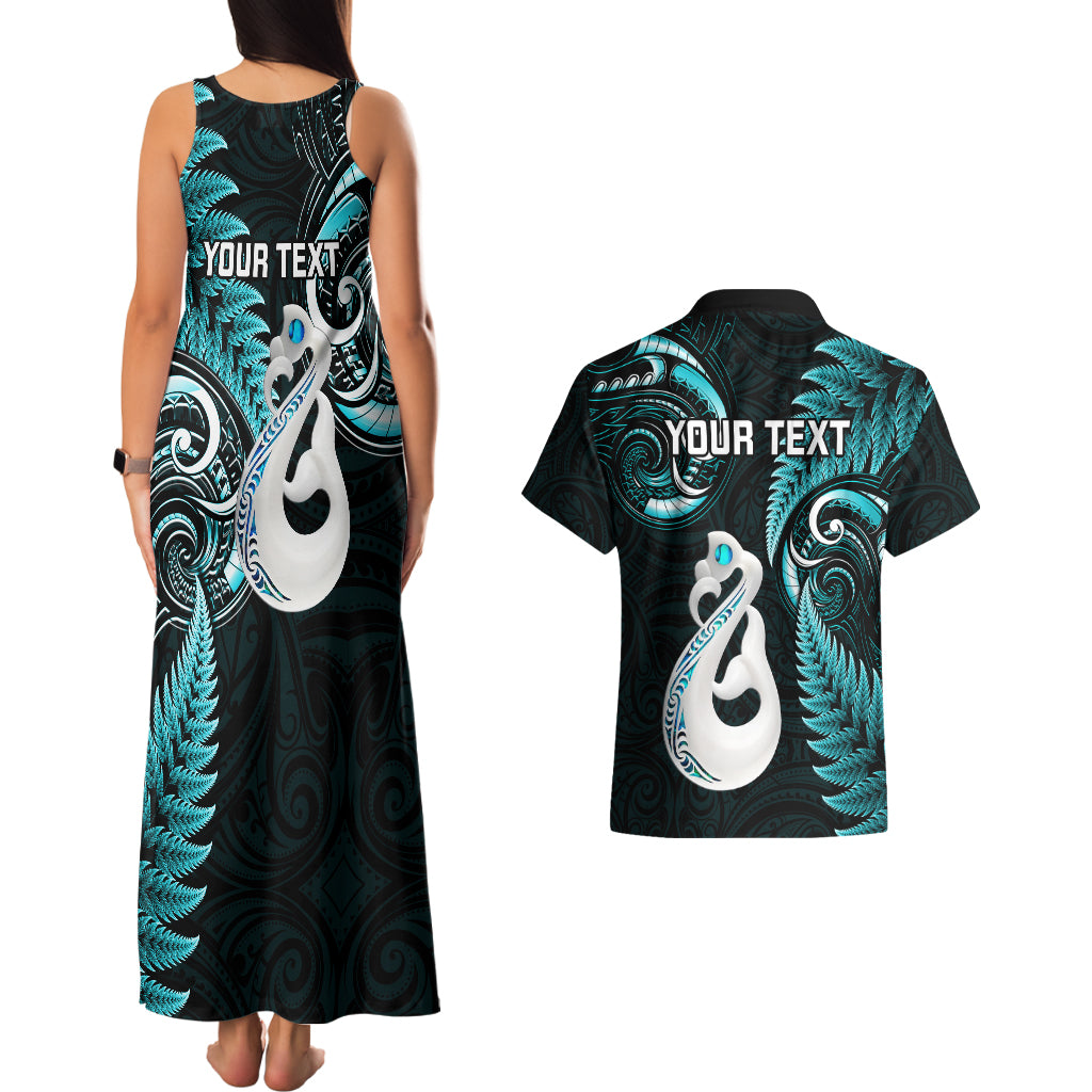 personalised-new-zealand-couples-matching-tank-maxi-dress-and-hawaiian-shirt-aotearoa-silver-fern-with-manaia-maori-unique-turquoise