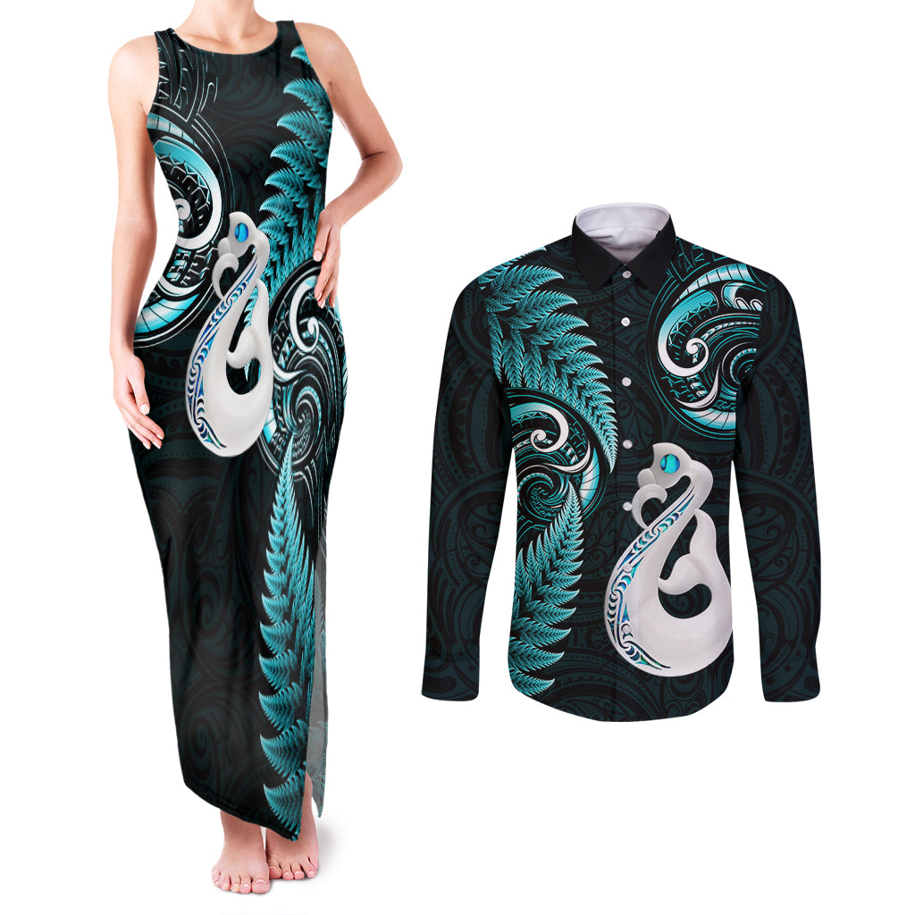 personalised-new-zealand-couples-matching-tank-maxi-dress-and-long-sleeve-button-shirts-aotearoa-silver-fern-with-manaia-maori-unique-turquoise