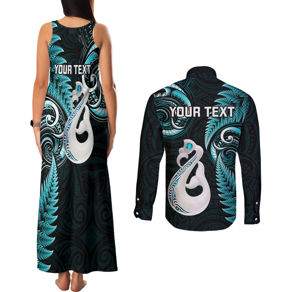 personalised-new-zealand-couples-matching-tank-maxi-dress-and-long-sleeve-button-shirts-aotearoa-silver-fern-with-manaia-maori-unique-turquoise