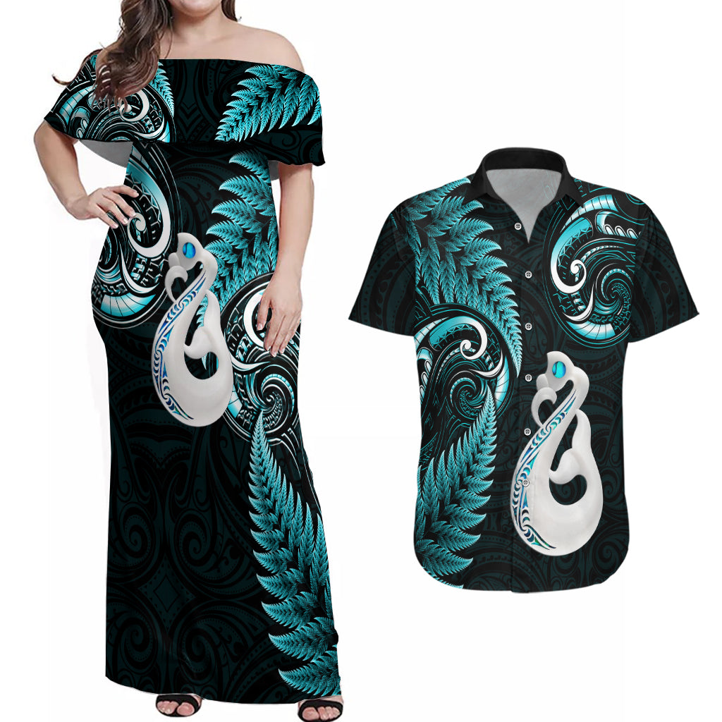 personalised-new-zealand-couples-off-shoulder-maxi-dress-and-hawaiian-shirt-aotearoa-silver-fern-with-manaia-maori-unique-turquoise