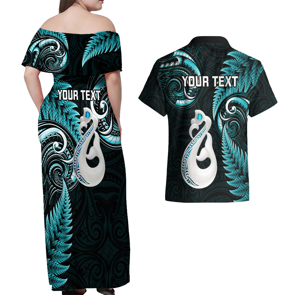 personalised-new-zealand-couples-off-shoulder-maxi-dress-and-hawaiian-shirt-aotearoa-silver-fern-with-manaia-maori-unique-turquoise