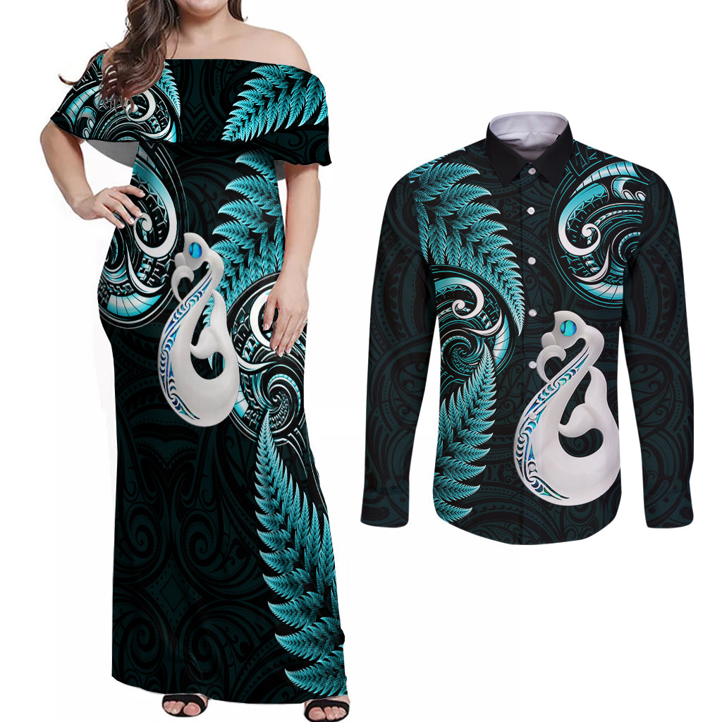 personalised-new-zealand-couples-off-shoulder-maxi-dress-and-long-sleeve-button-shirts-aotearoa-silver-fern-with-manaia-maori-unique-turquoise