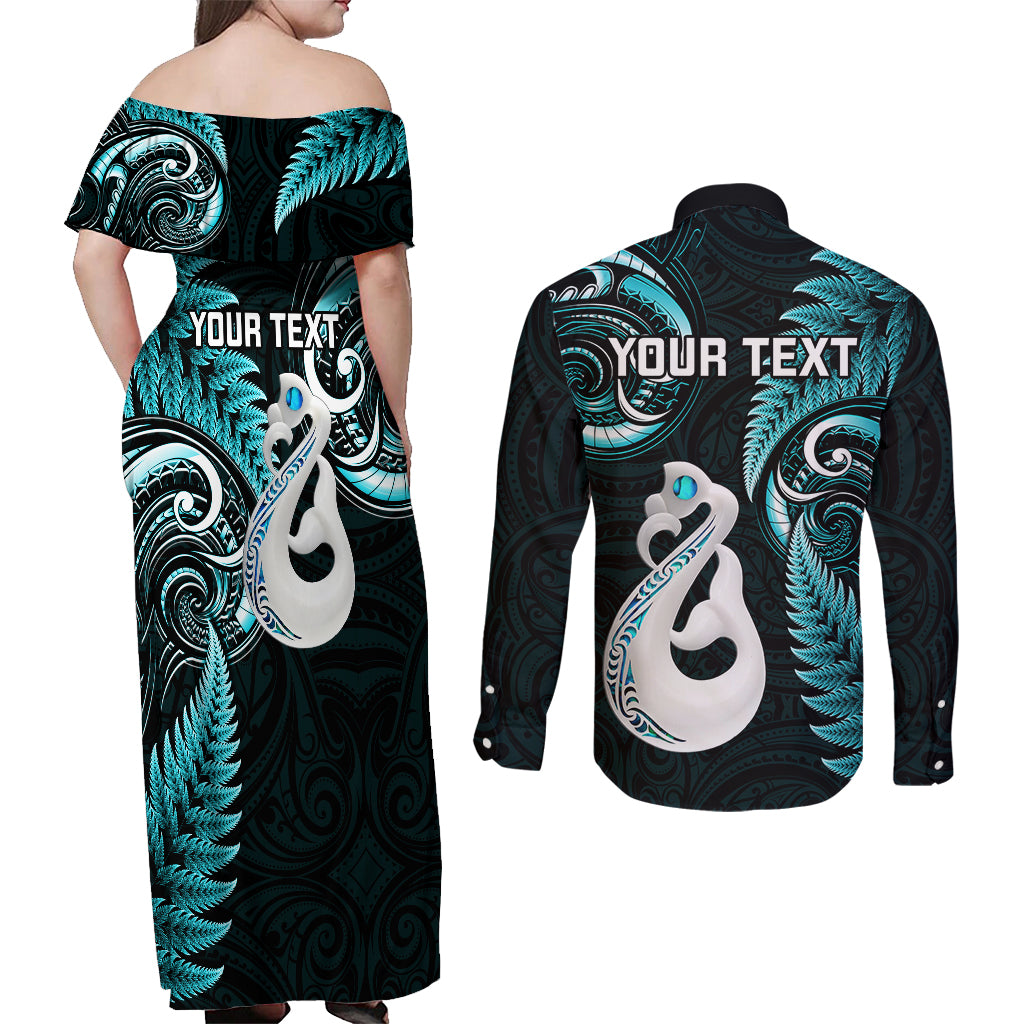 personalised-new-zealand-couples-off-shoulder-maxi-dress-and-long-sleeve-button-shirts-aotearoa-silver-fern-with-manaia-maori-unique-turquoise