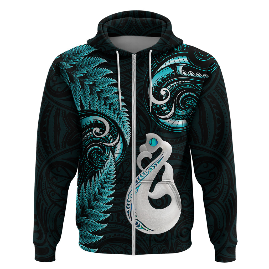 Personalised New Zealand Hoodie Aotearoa Silver Fern With Manaia Maori Unique Turquoise - Vibe Hoodie Shop