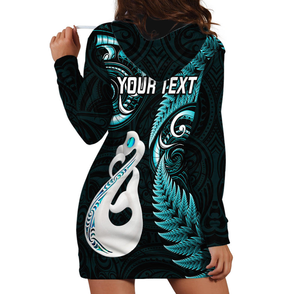 Personalised New Zealand Hoodie Dress Aotearoa Silver Fern With Manaia Maori Unique Turquoise - Vibe Hoodie Shop