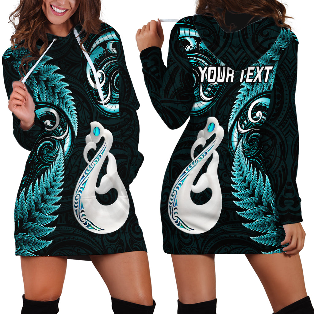 Personalised New Zealand Hoodie Dress Aotearoa Silver Fern With Manaia Maori Unique Turquoise - Vibe Hoodie Shop