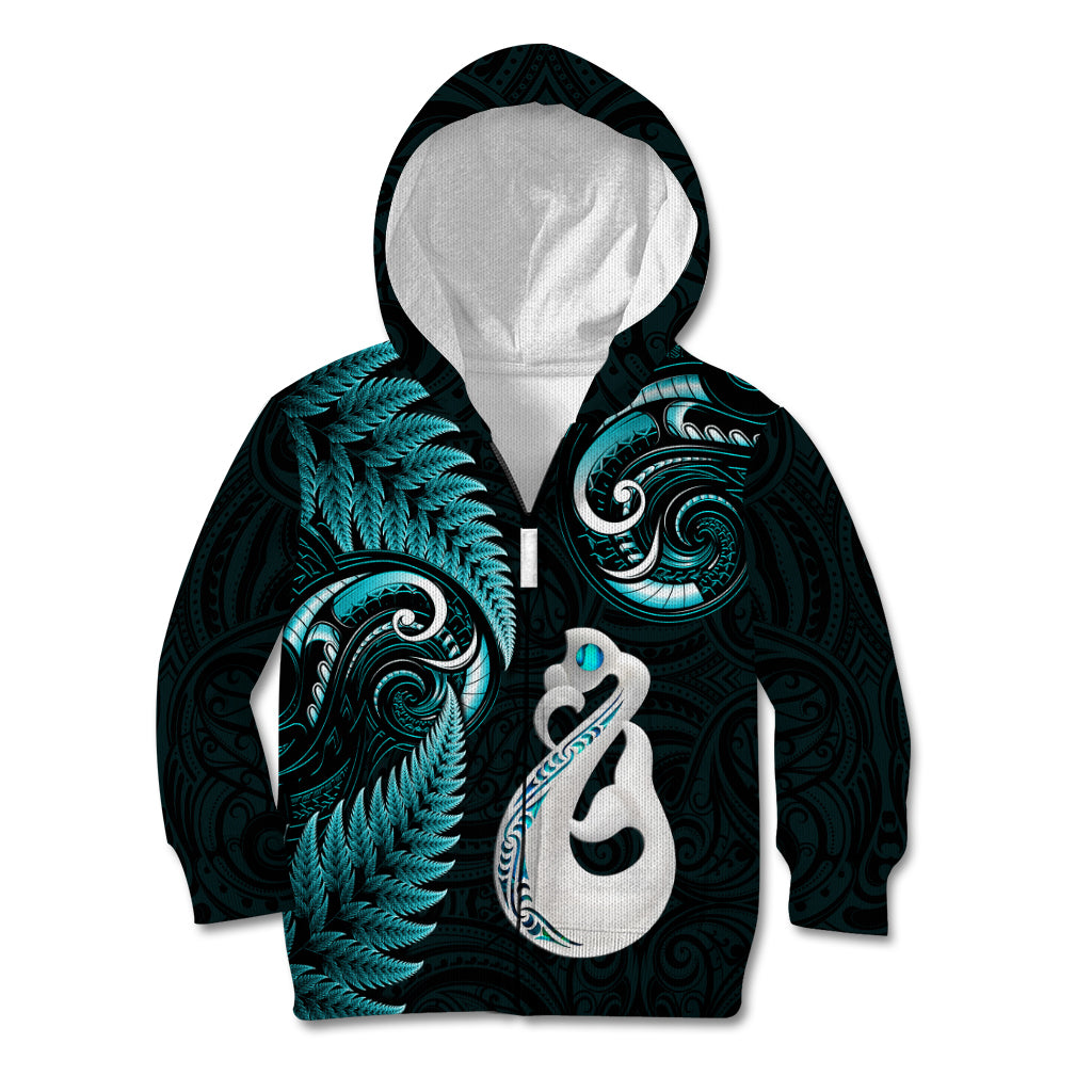 Personalised New Zealand Kid Hoodie Aotearoa Silver Fern With Manaia Maori Unique Turquoise - Vibe Hoodie Shop