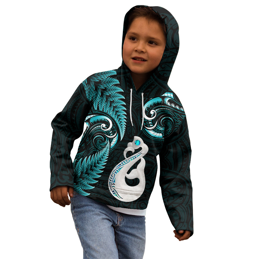 Personalised New Zealand Kid Hoodie Aotearoa Silver Fern With Manaia Maori Unique Turquoise - Vibe Hoodie Shop