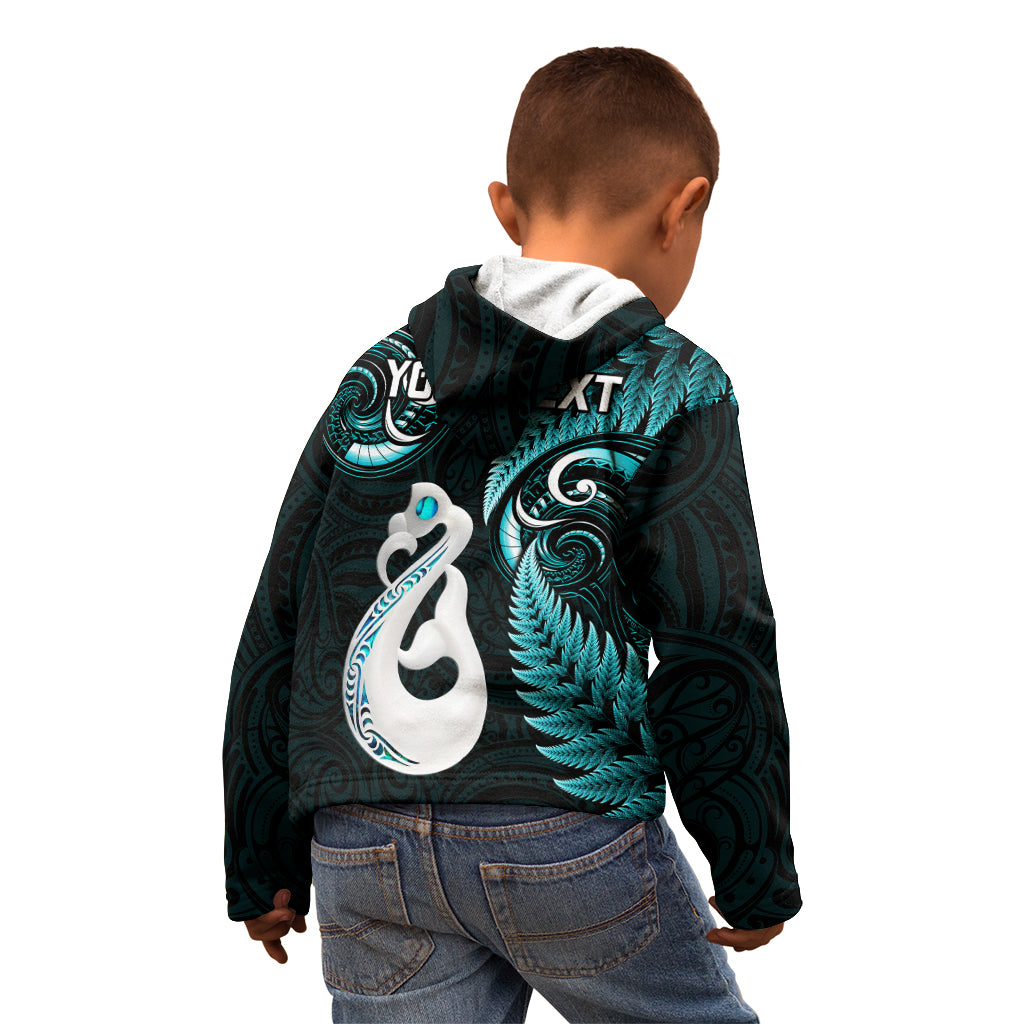 Personalised New Zealand Kid Hoodie Aotearoa Silver Fern With Manaia Maori Unique Turquoise - Vibe Hoodie Shop