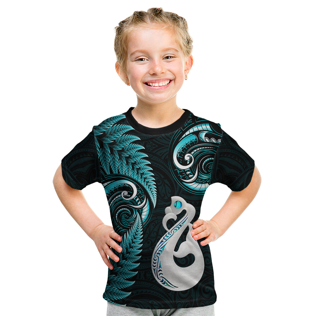 Personalised New Zealand Kid T Shirt Aotearoa Silver Fern With Manaia Maori Unique Turquoise - Vibe Hoodie Shop