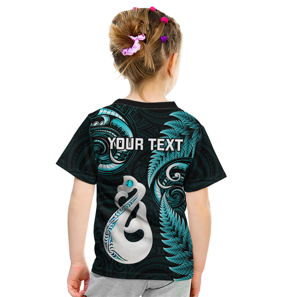 Personalised New Zealand Kid T Shirt Aotearoa Silver Fern With Manaia Maori Unique Turquoise - Vibe Hoodie Shop