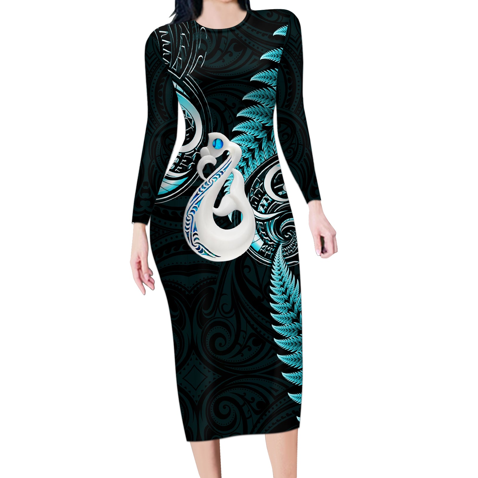 personalised-new-zealand-long-sleeve-bodycon-dress-aotearoa-silver-fern-with-manaia-maori-unique-turquoise