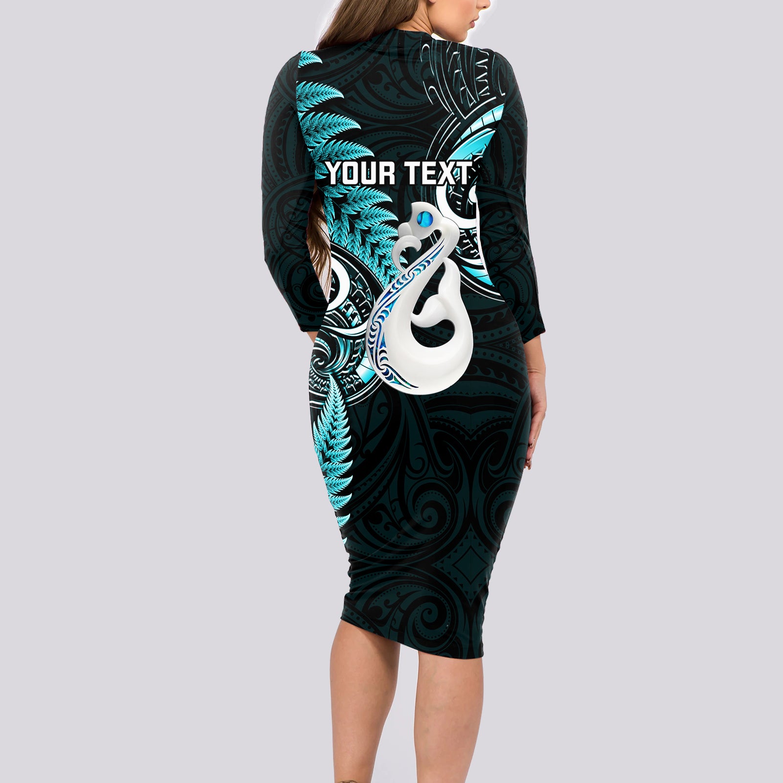 personalised-new-zealand-long-sleeve-bodycon-dress-aotearoa-silver-fern-with-manaia-maori-unique-turquoise