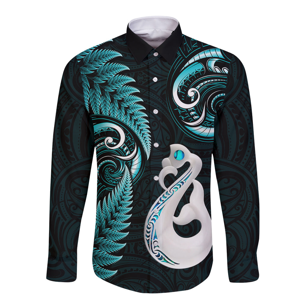 Personalised New Zealand Long Sleeve Button Shirt Aotearoa Silver Fern With Manaia Maori Unique Turquoise - Vibe Hoodie Shop