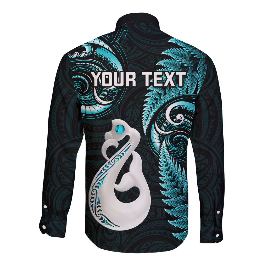 Personalised New Zealand Long Sleeve Button Shirt Aotearoa Silver Fern With Manaia Maori Unique Turquoise - Vibe Hoodie Shop