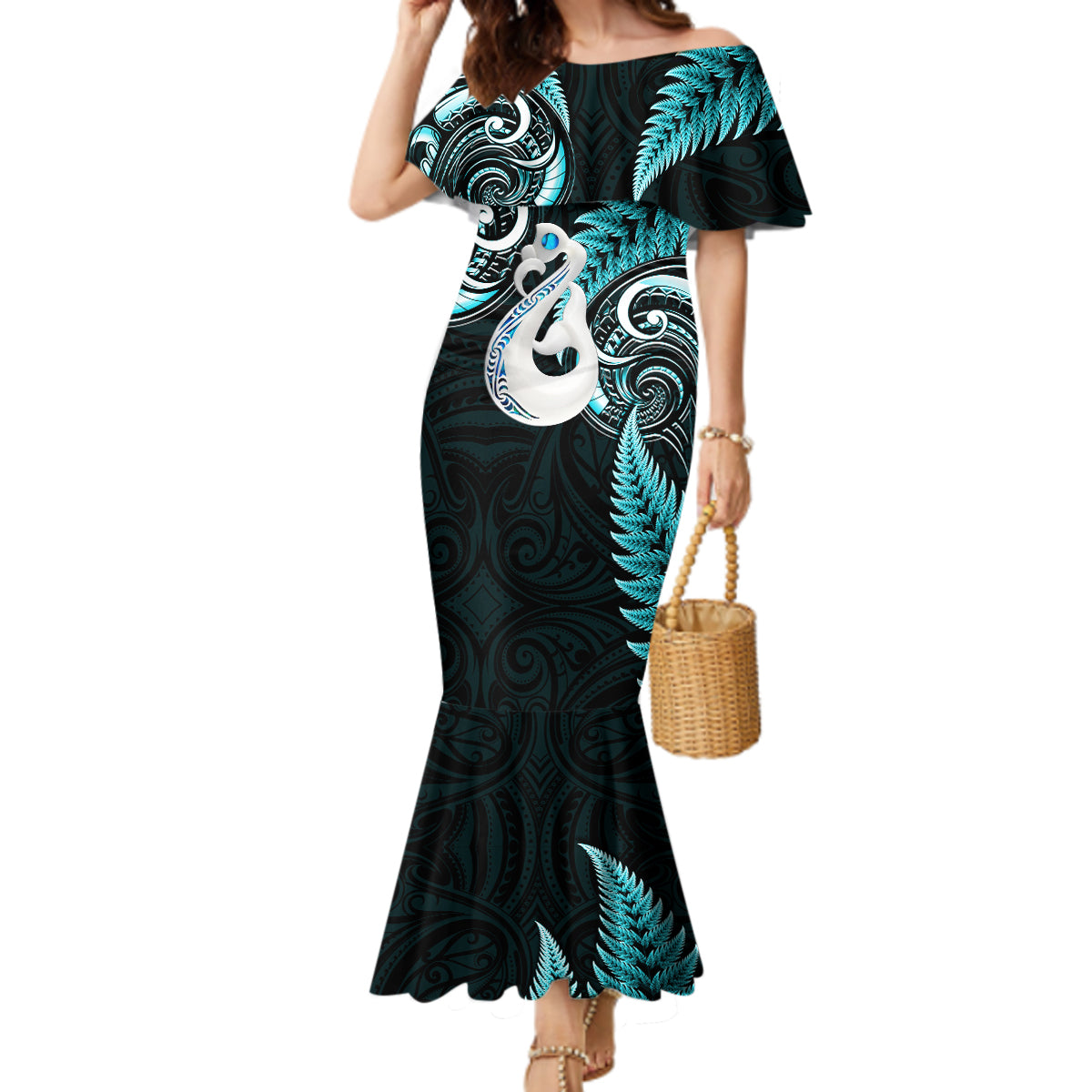 personalised-new-zealand-mermaid-dress-aotearoa-silver-fern-with-manaia-maori-unique-turquoise