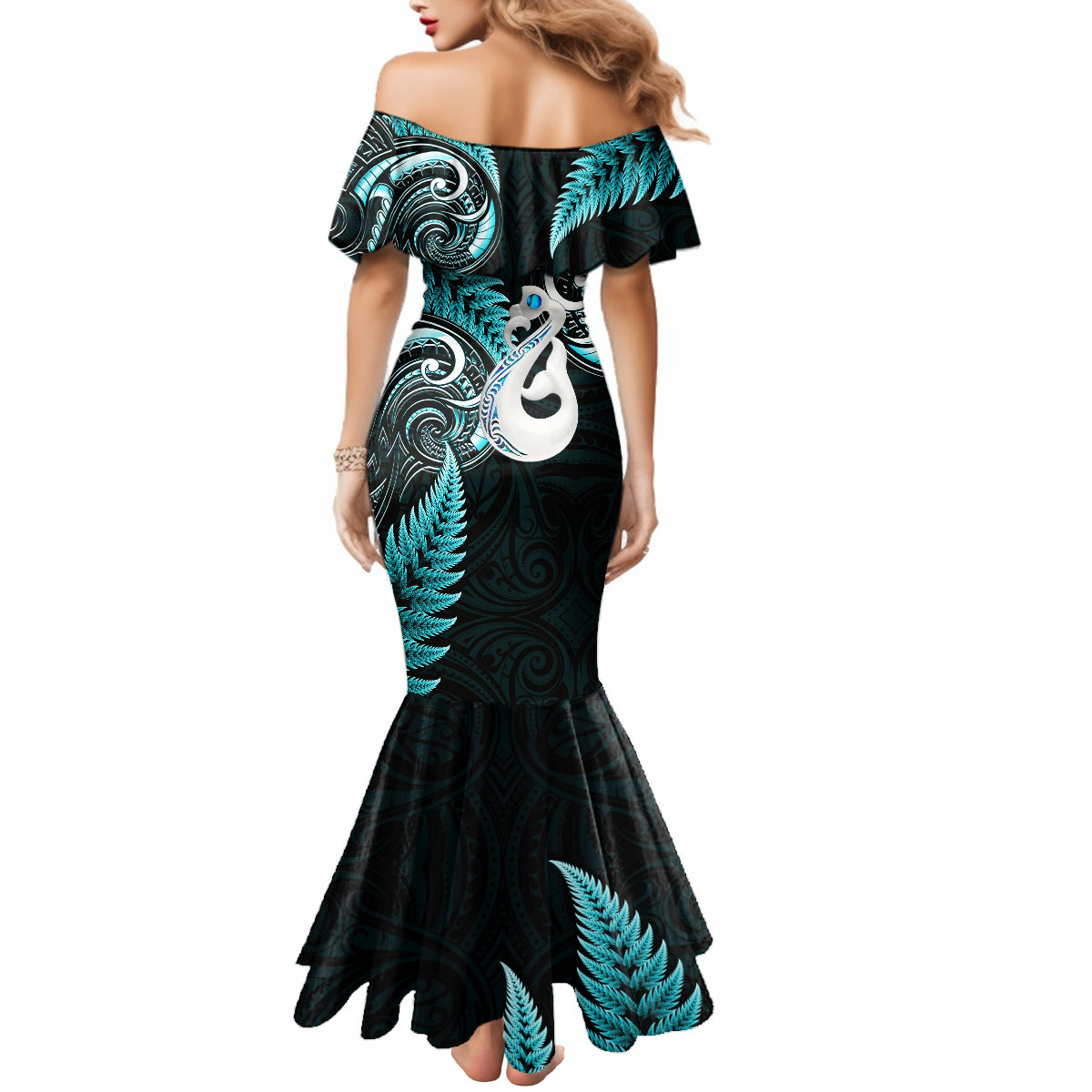 personalised-new-zealand-mermaid-dress-aotearoa-silver-fern-with-manaia-maori-unique-turquoise