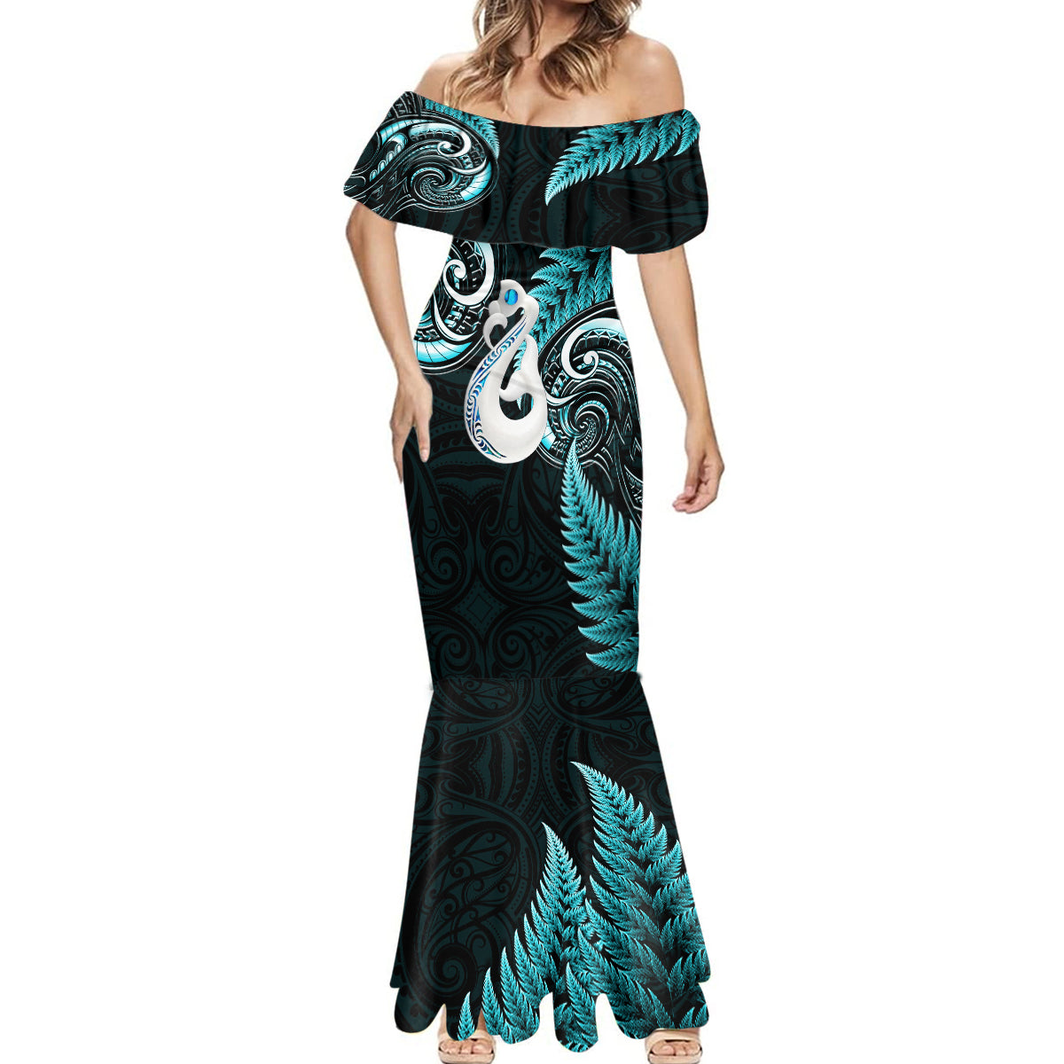 personalised-new-zealand-mermaid-dress-aotearoa-silver-fern-with-manaia-maori-unique-turquoise