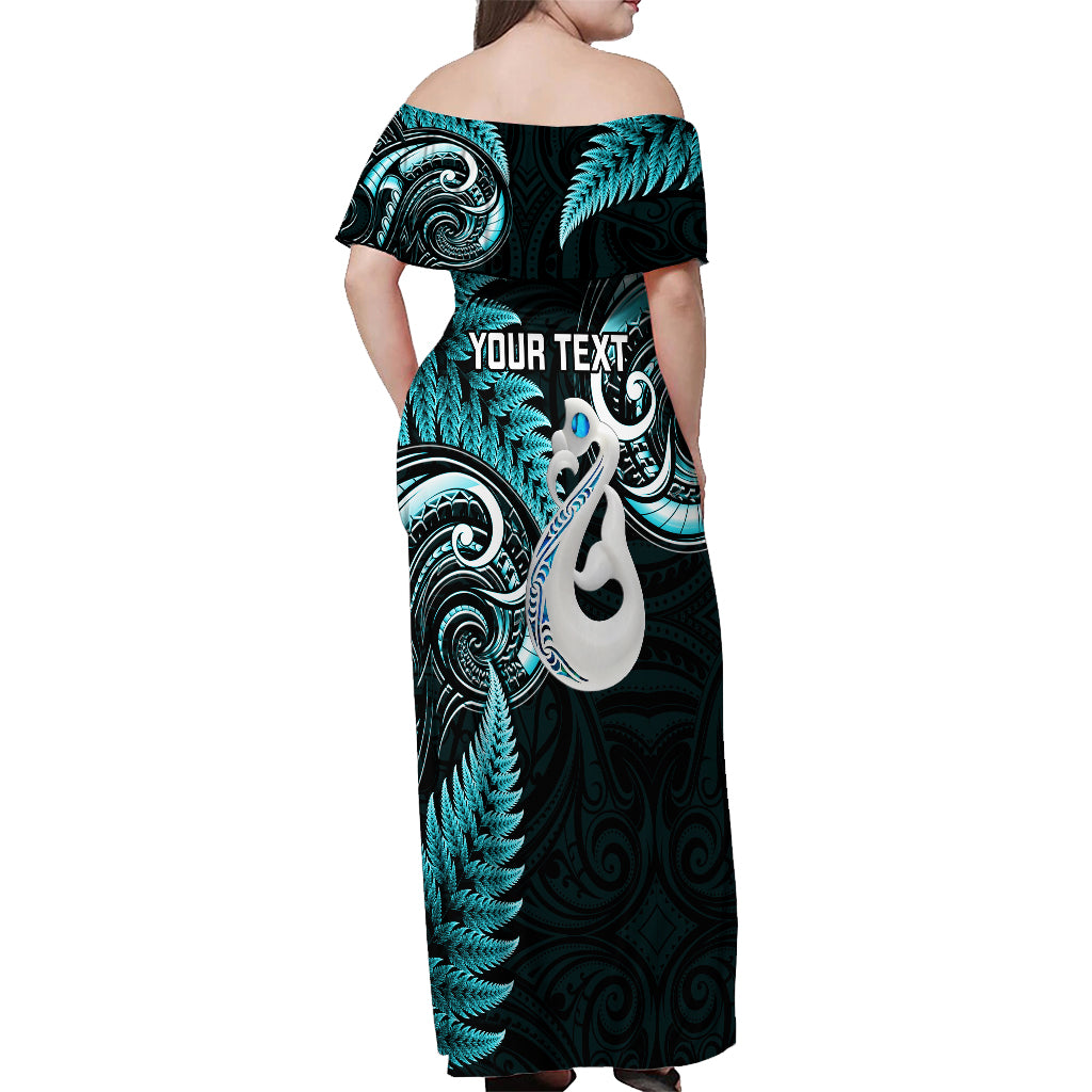 Personalised New Zealand Off Shoulder Maxi Dress Aotearoa Silver Fern With Manaia Maori Unique Turquoise - Vibe Hoodie Shop