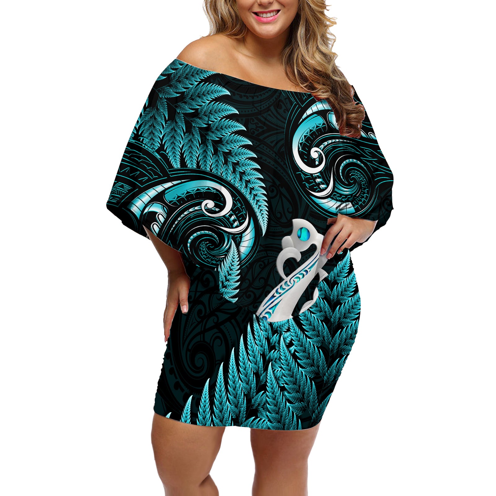 Personalised New Zealand Off Shoulder Short Dress Aotearoa Silver Fern With Manaia Maori Unique Turquoise LT14