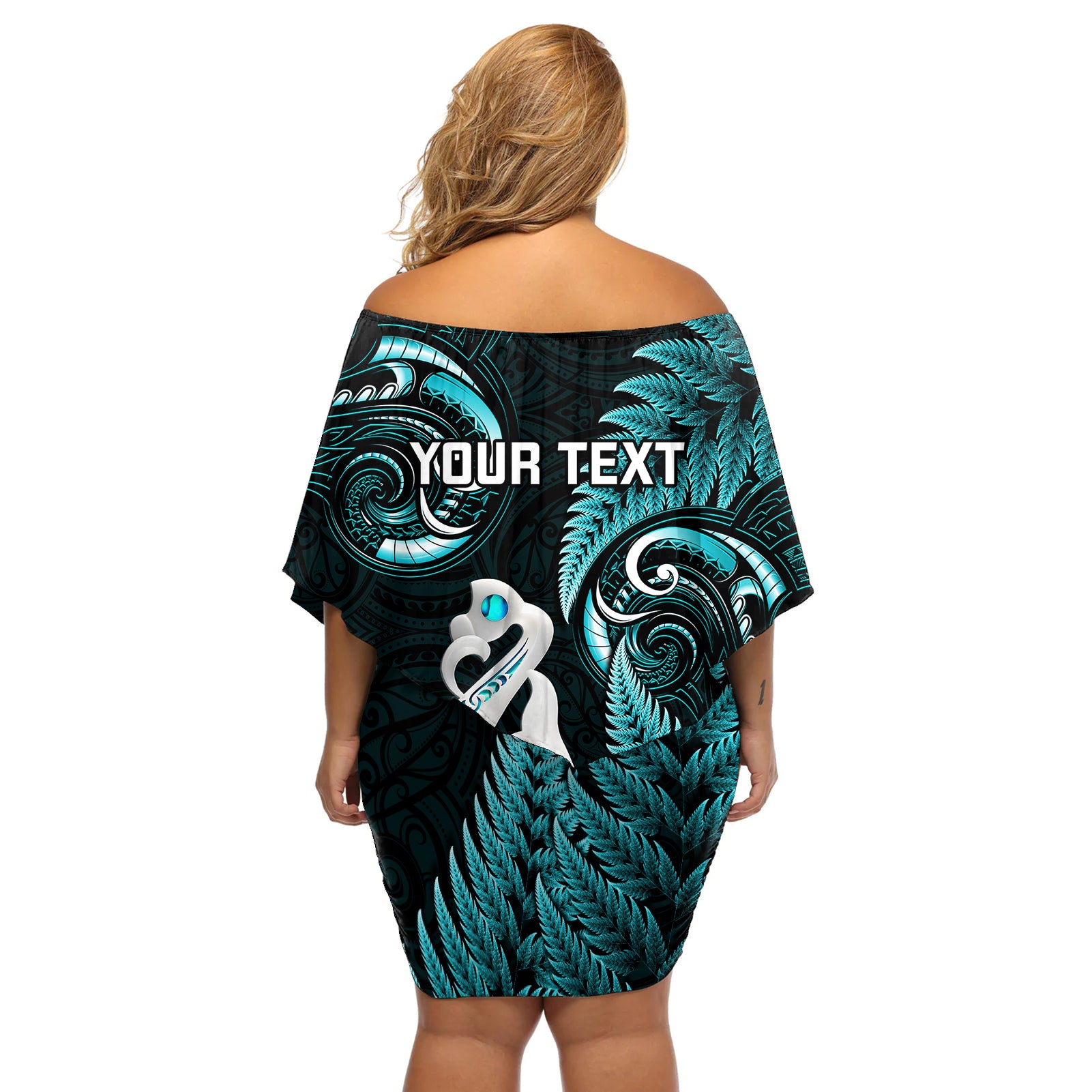 Personalised New Zealand Off Shoulder Short Dress Aotearoa Silver Fern With Manaia Maori Unique Turquoise LT14