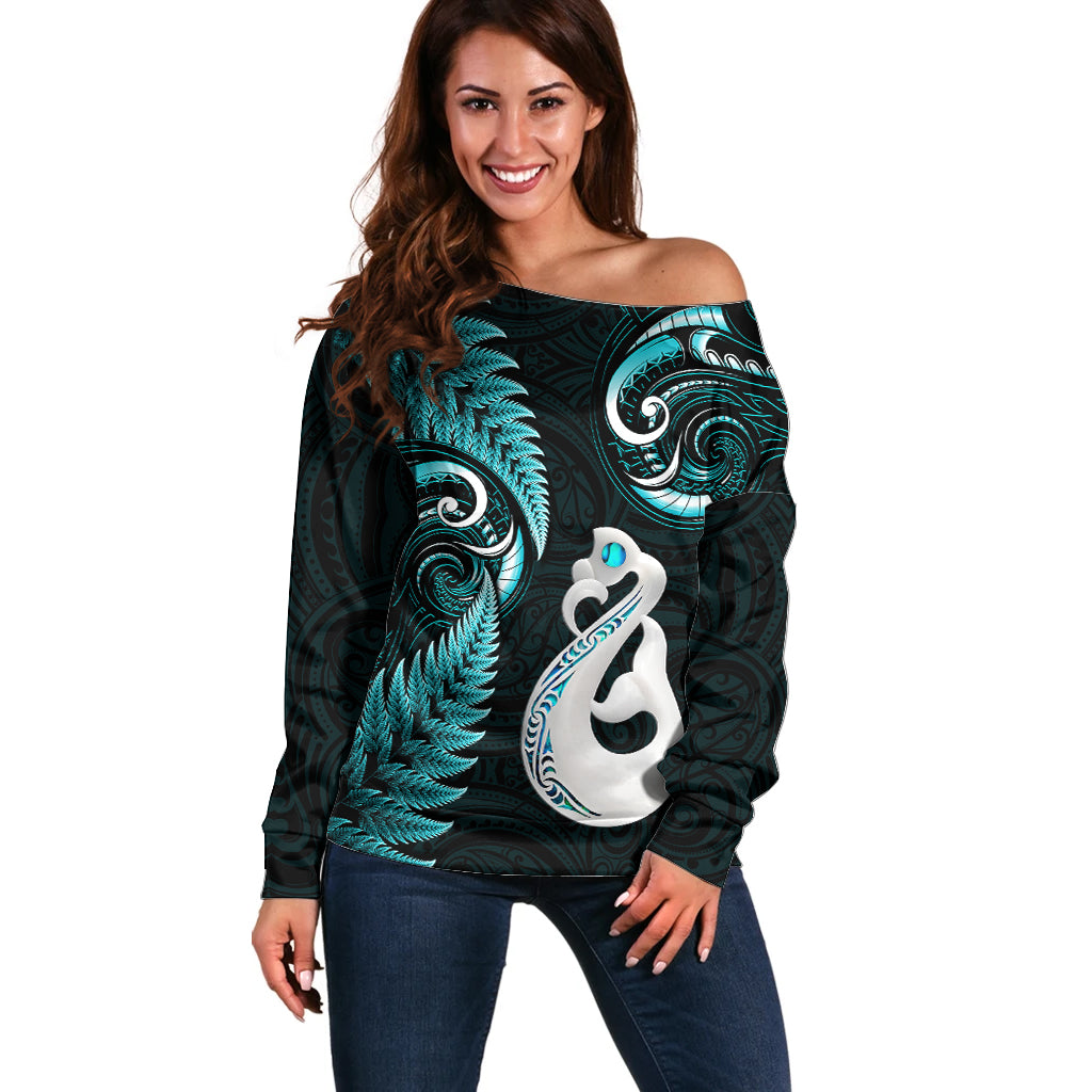 Personalised New Zealand Off Shoulder Sweater Aotearoa Silver Fern With Manaia Maori Unique Turquoise - Vibe Hoodie Shop