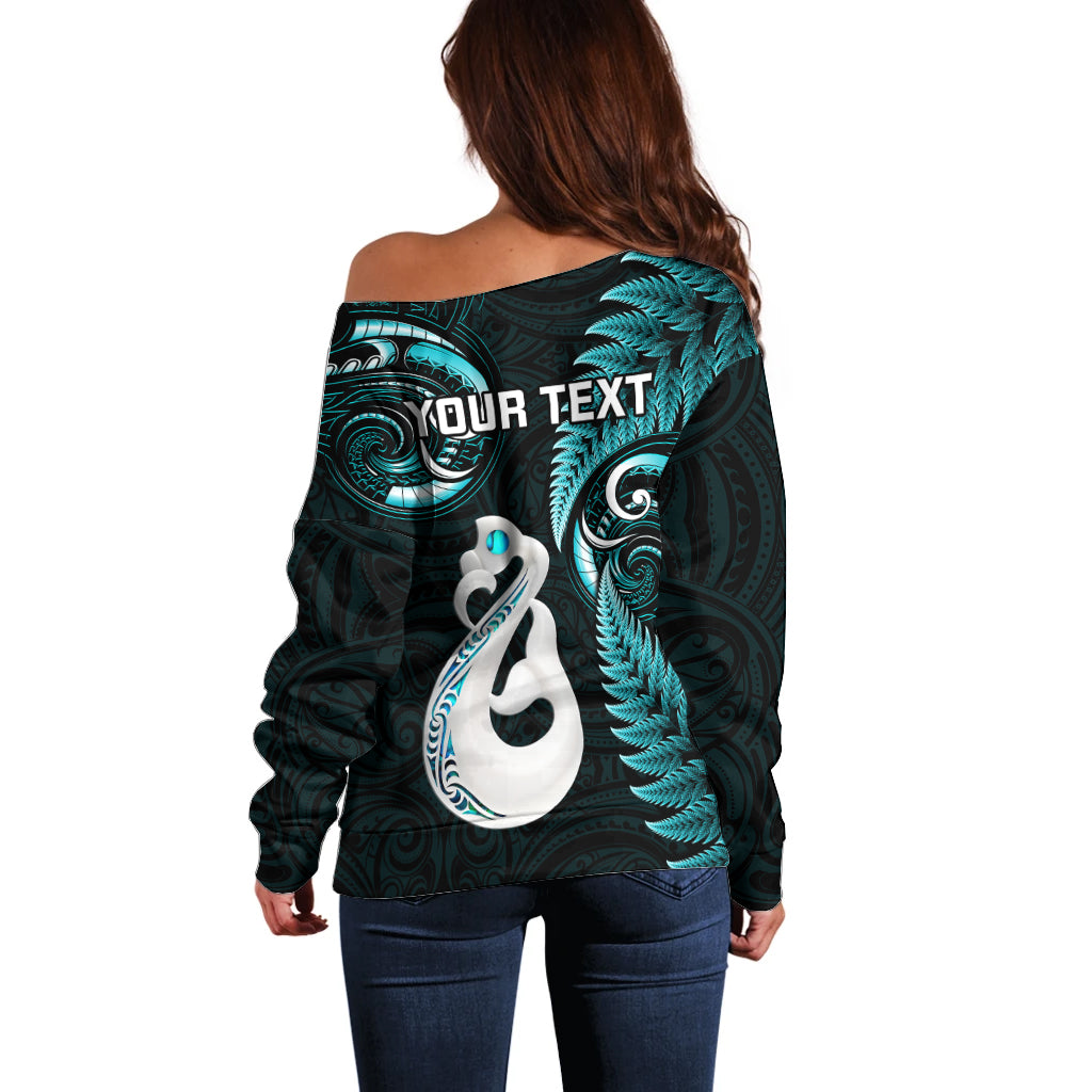 Personalised New Zealand Off Shoulder Sweater Aotearoa Silver Fern With Manaia Maori Unique Turquoise - Vibe Hoodie Shop