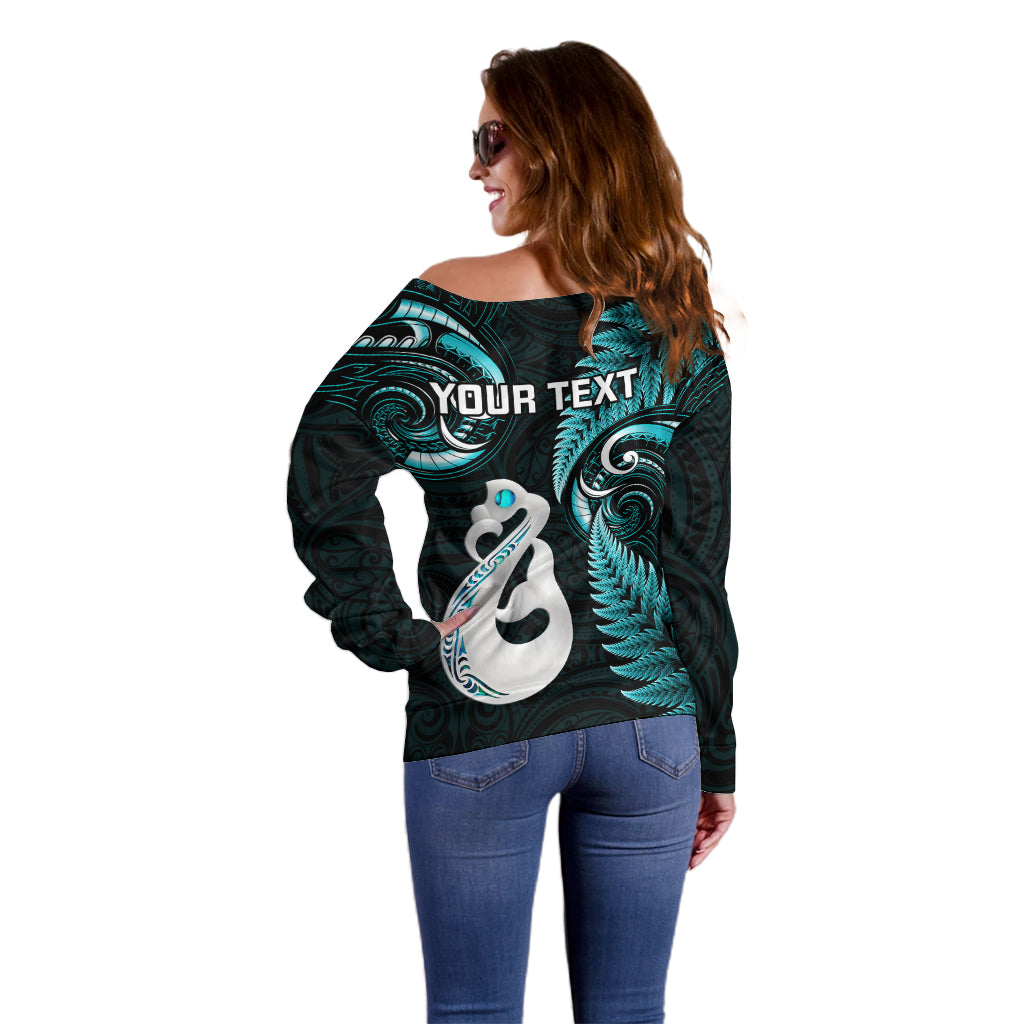 Personalised New Zealand Off Shoulder Sweater Aotearoa Silver Fern With Manaia Maori Unique Turquoise - Vibe Hoodie Shop