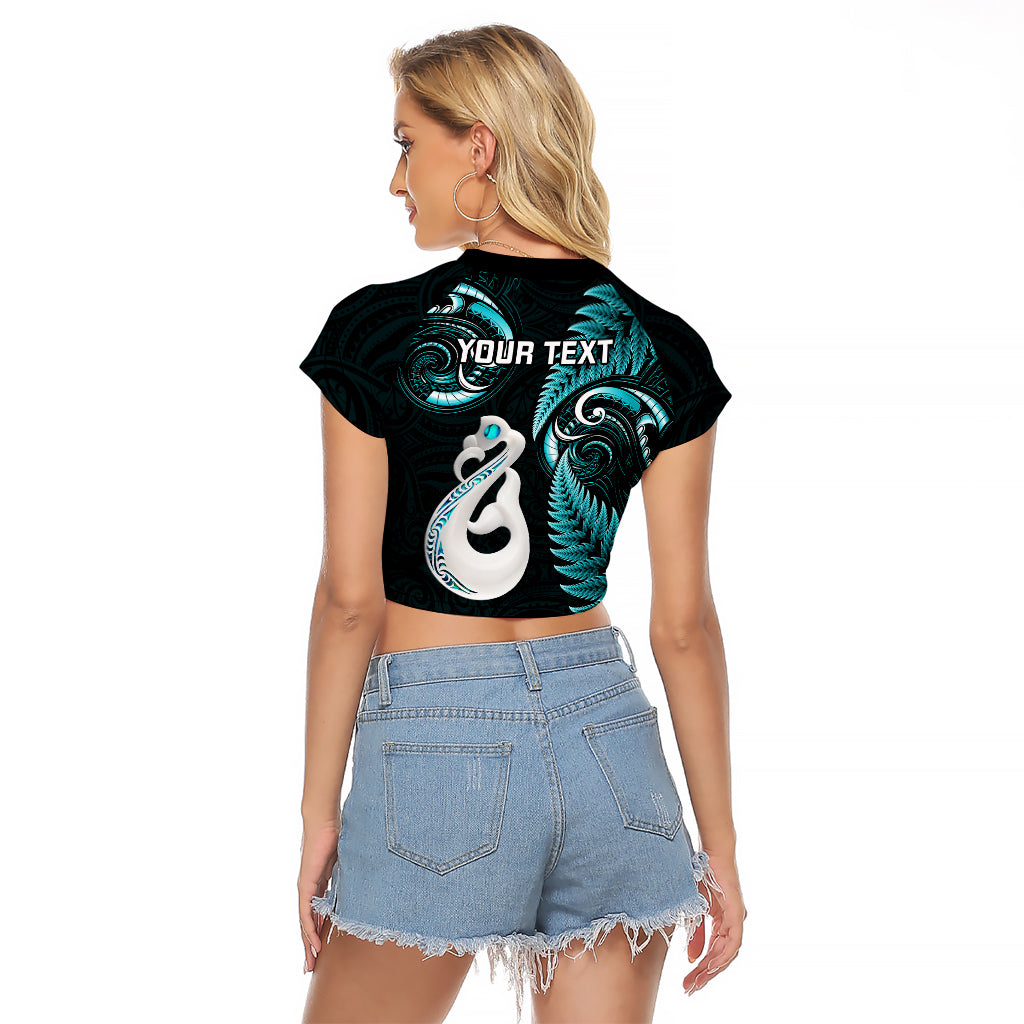 Personalised New Zealand Raglan Cropped T Shirt Aotearoa Silver Fern With Manaia Maori Unique Turquoise - Vibe Hoodie Shop