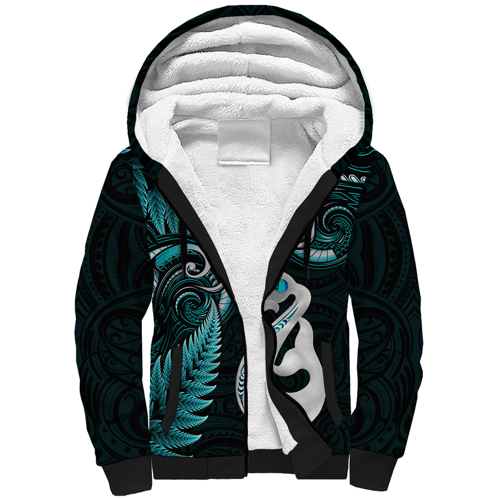 Personalised New Zealand Sherpa Hoodie Aotearoa Silver Fern With Manaia Maori Unique Turquoise - Vibe Hoodie Shop