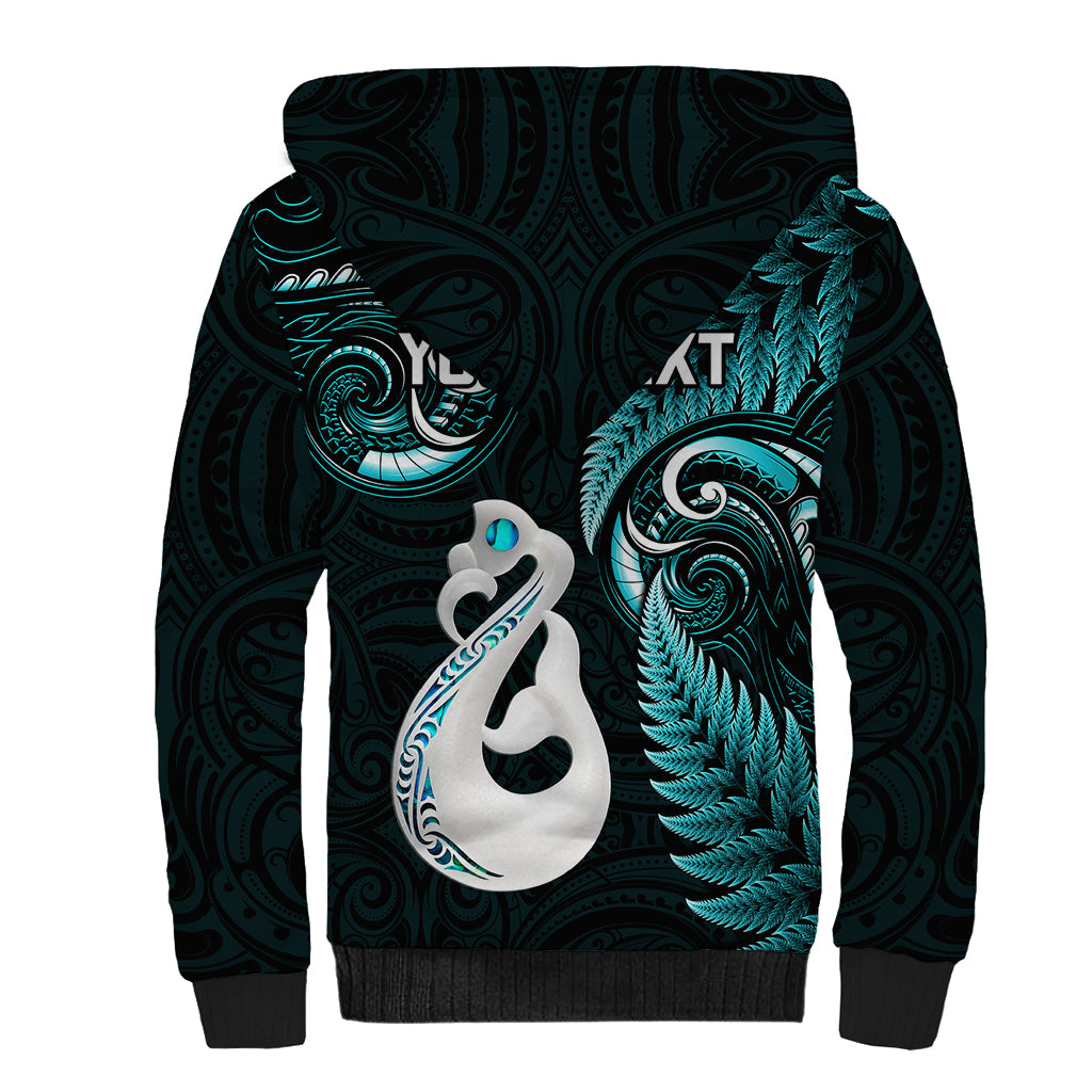 Personalised New Zealand Sherpa Hoodie Aotearoa Silver Fern With Manaia Maori Unique Turquoise - Vibe Hoodie Shop