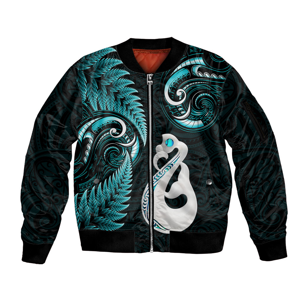 personalised-new-zealand-sleeve-zip-bomber-jacket-aotearoa-silver-fern-with-manaia-maori-unique-turquoise