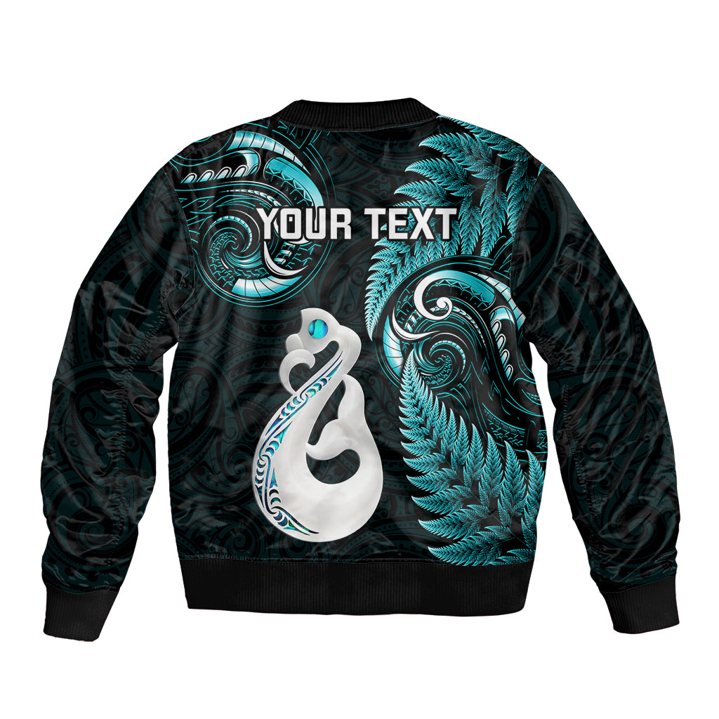 personalised-new-zealand-sleeve-zip-bomber-jacket-aotearoa-silver-fern-with-manaia-maori-unique-turquoise