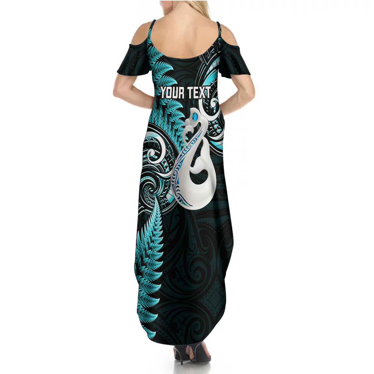 personalised-new-zealand-summer-maxi-dress-aotearoa-silver-fern-with-manaia-maori-unique-turquoise